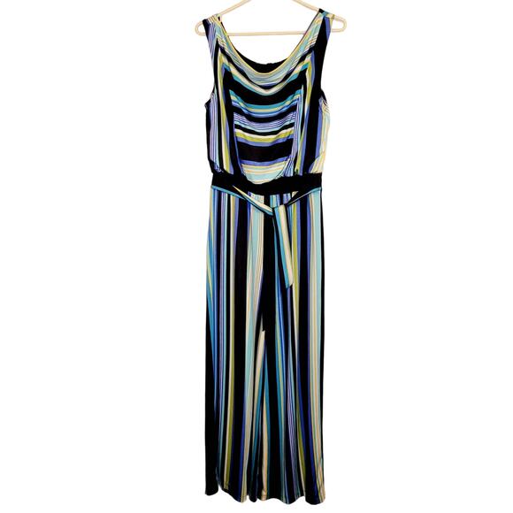 Emma and Michele blue and yellow striped sleeveless tie waist wide leg jumpsuit - Picture 1 of 12